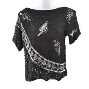 Vintage Black Silk Top Hand Embellished in Black & Silver Beads/Sequins